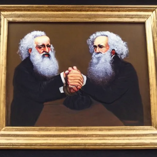 Prompt: oil painting of karl marx and friedrich hayek arm wrestling