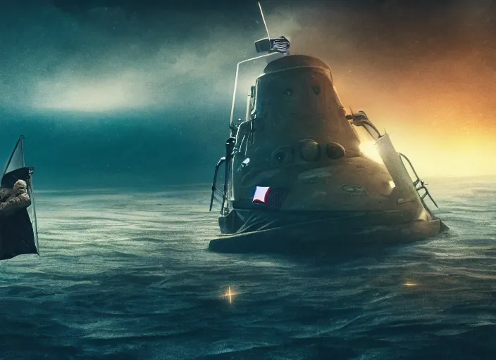 Image similar to astronaut holding a flag in an underwater desert. a submarine is visible in the distance. dark, concept art, cinematic, dramatic, atmospheric, 8 k, trending on artstation, blue, fish, low visibility, fog, ocean floor, christopher nolan, interstellar