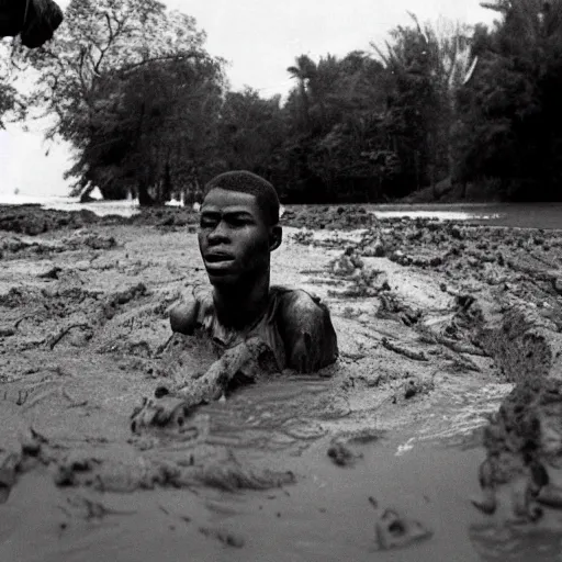 Image similar to 1 8 year old black boy soldier, rising out of muddy vietnam river, face covered in mud, low camera angle at water level, night time, film still from apocalypse now ( 1 9 7 9 ), 2 6 mm,