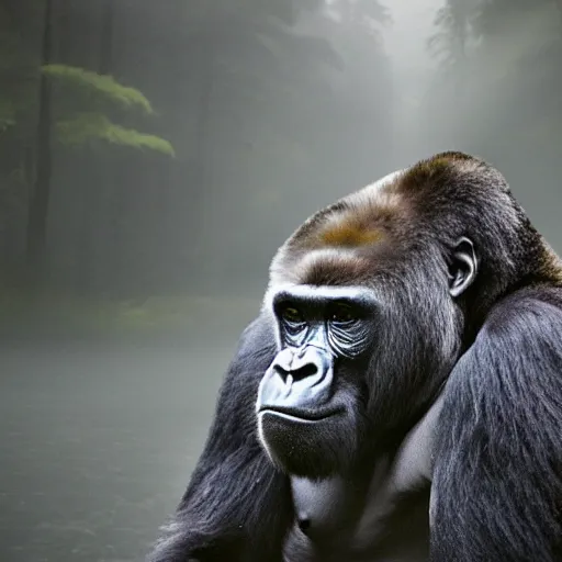 Image similar to a photo realistic gorilla doing transcendental meditation in a mystical landscape, beautiful, misty