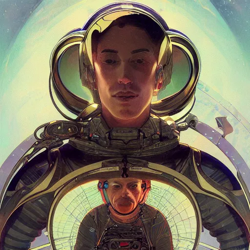 Image similar to portrait of a techno wizard astronaut with an epic cosmic background, intricate, elegant, highly detailed, digital painting, artstation, smooth, sharp focus, illustration, art by artgerm and greg rutkowski and alphonse mucha