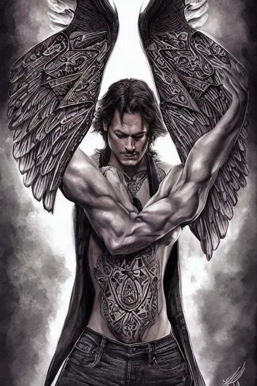 Image similar to handsome! Sam Winchester as a muscular angel wings wide open whole body tattooed with runes and religious symbols, urban fantasy romance book cover, D&D!, fantasy style, sharp focus!, ultra detailed, art by Artgerm and Peter Andrew Jones, WLUP