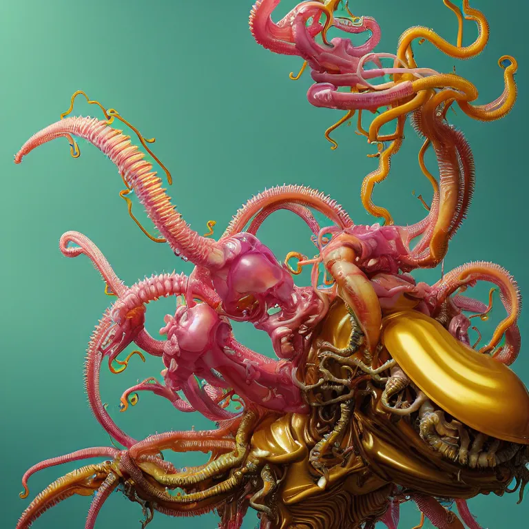 Prompt: still life of transparent plastic xenomorph, beautiful pastel color tropical flowers, glossy metallic human spine, spiky tentacles, tropical fruit, human body parts, colorful mold, baroque painting, beautiful detailed intricate insanely detailed octane render, 8K artistic photography, photorealistic, perfect composition, golden ratio, chiaroscuro, Raphael, Caravaggio