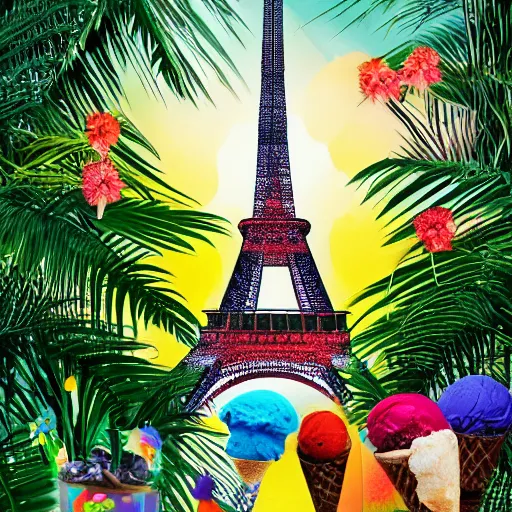 Image similar to eiffel tower surrounded by ice cream in a tropical forest with animals, modern art, mysterious, colorful,