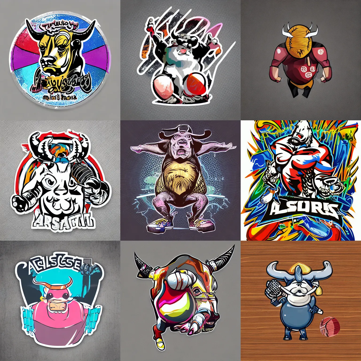 Image similar to “ aggressive bull with a cricket ball, full body mascot, sticker, highly detailed, colorful, illustration, smooth and clean vector curves, no jagged lines, low noise, vector art, logo ”