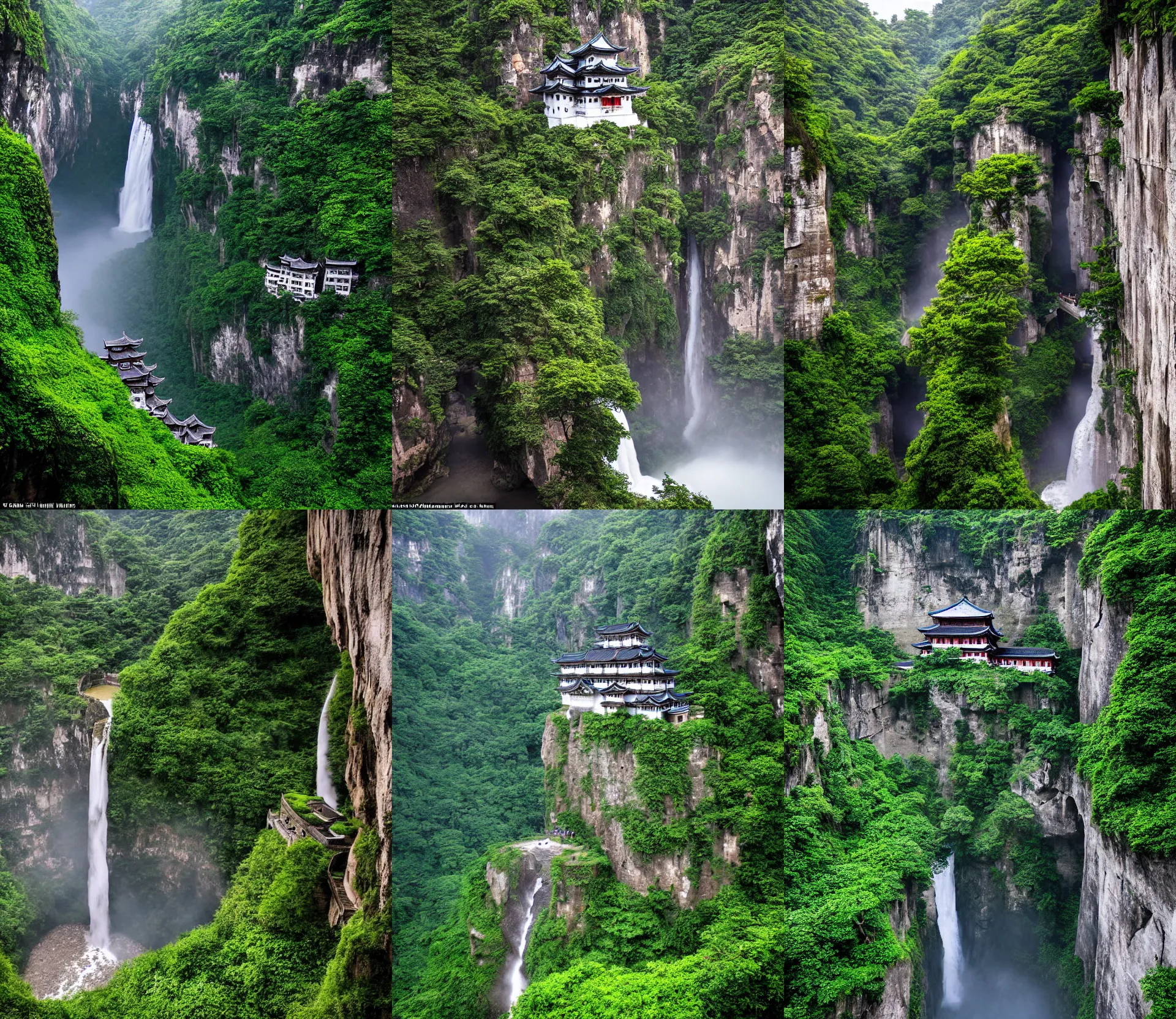 Prompt: establishing wide shot inside han son doong with waterfalls on either side of the cliff walls, a cloister is built into the cliff walls, at the top of the cliff is a japanese castle, at the bottom of the cliff is a meadow