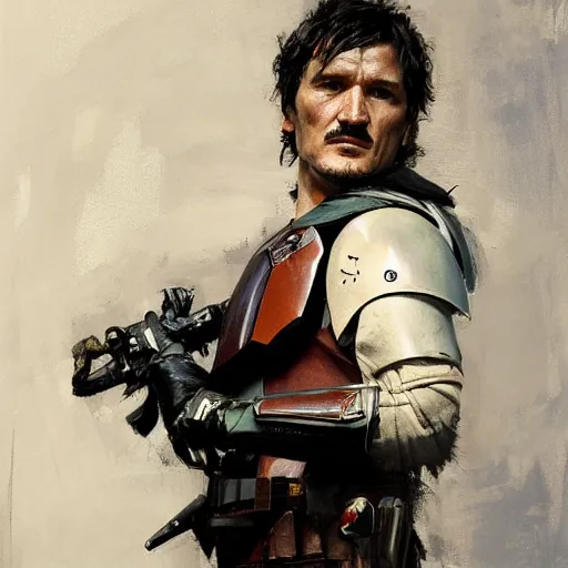 Image similar to portrait of an emotional pedro pascal as the mandalorian, by jeremy mann, anders zorn.