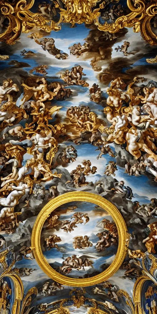 Image similar to the source of future growth dramatic, elaborate emotive Golden Baroque and Rococo styles to emphasise beauty as a transcendental, seamless pattern, symmetrical, large motifs, sistine chapel ceiling, 8k image, supersharp, Gold blue black and white, 3D, no blur, sharp focus, photorealistic, insanely detailed and intricate, cinematic lighting, Octane render, epic scene, 8K