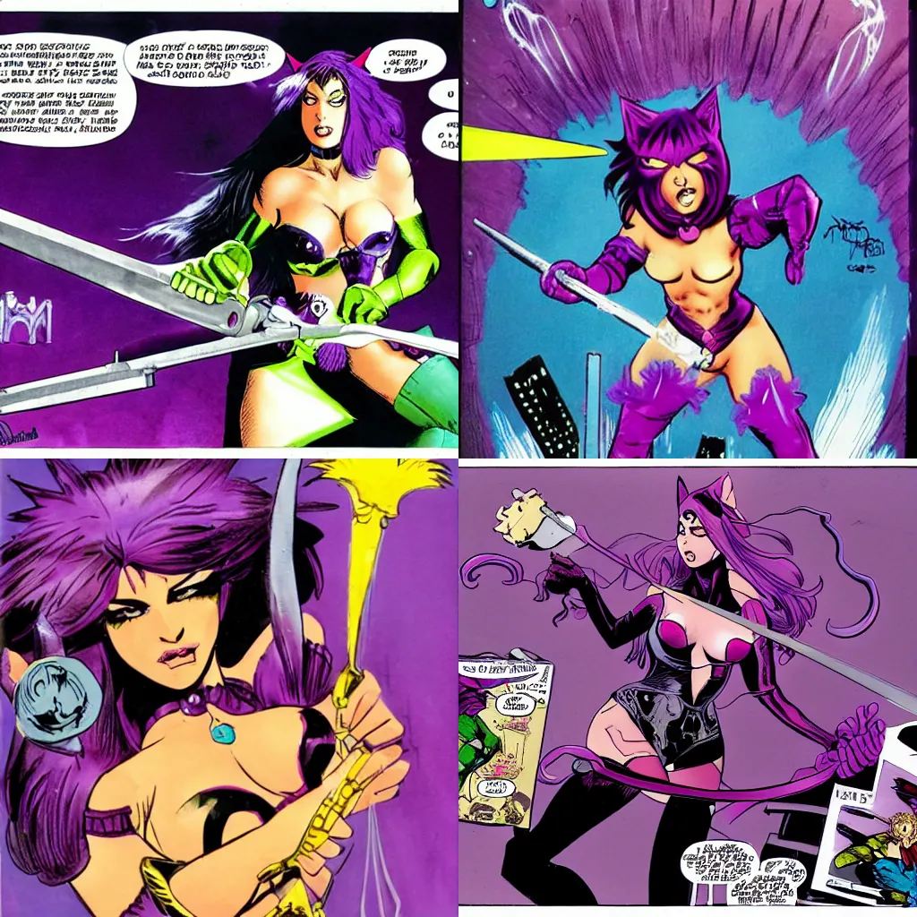 Prompt: purple catgirl. With magic weapon. full splash page comic book. by Massimo Belardinelli. by Mike McMahon. by Simon Bisley. by Massimo Belardinelli.