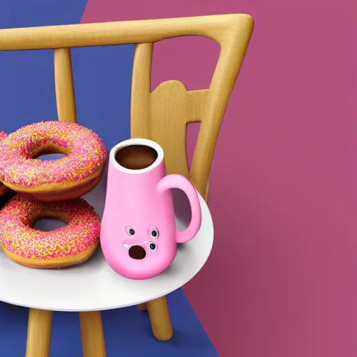 Image similar to pink coffee cup full of donuts, blue pig sitting in chair, ultra realistic, 8 k