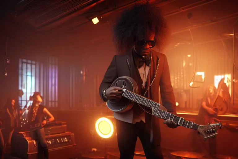 Image similar to a steampunk black man with long curly hair, playing electric guitar at a night club, focus on the musicians, cinematic lighting, exaggerated detailed, unreal engine, octane render, trending on artstation, art by greg rutkowski, 4 k