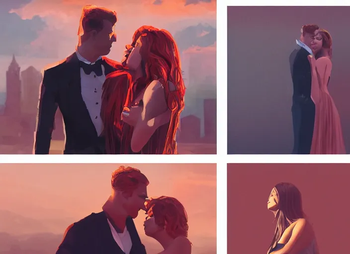 Image similar to couple, man and woman in pose of couple vol 2 photo reference pack for artists, spirit hugs, gold trim, atmoshperic, elegant, sharp focus, red sun, huge lips, poses by satine zillah, environment by hw 6 5 2 3, art by ilya ozornin, artstation, intricate details, concept art