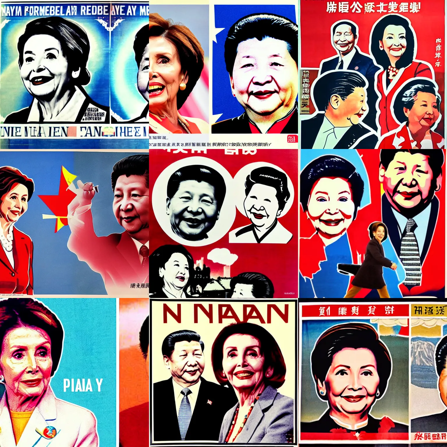 Prompt: nancy pelosi and xijinping in a vintage propaganda poster