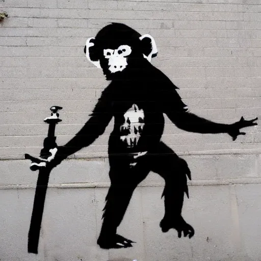 Prompt: banksy art monkey with sword, wall with city street background