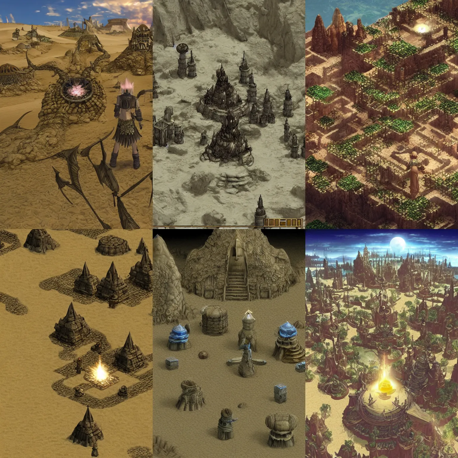 Prompt: an isolated sacred spiritual fantasy alien village in a vast sand desert, final fantasy, square enix, squaresoft, jrpg