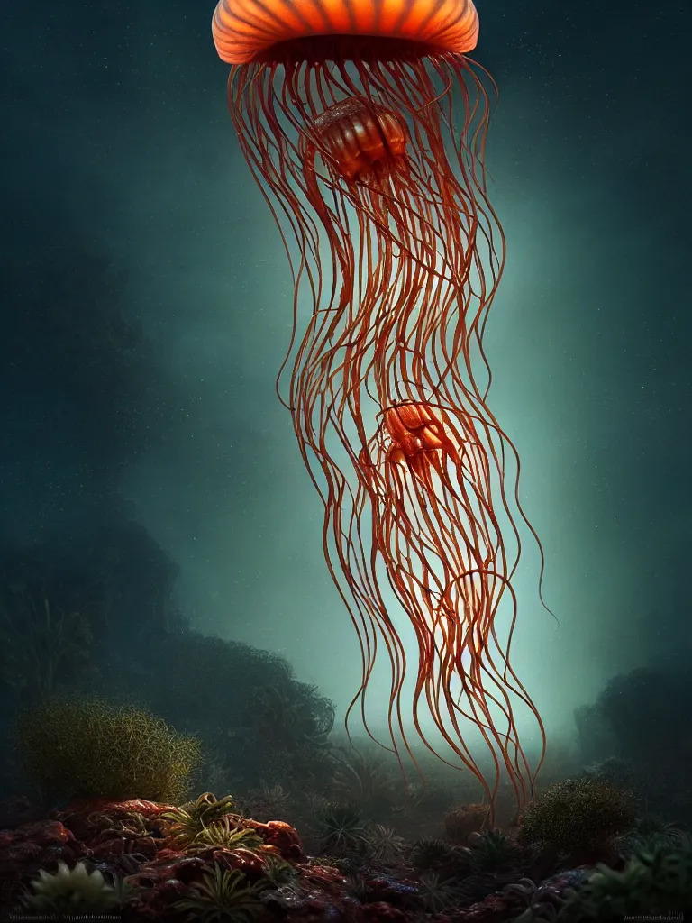 Prompt: creature octo jellyfish in a desert lush vegetation, warm tones, night, water reflection, bioluminescent translucent : : by michal karcz, daniel merriam, victo ngai and guillermo del toro : : ornate, dynamic, particulate, intricate, elegant, highly detailed, centered, artstation, smooth, sharp focus, octane render, 3 d