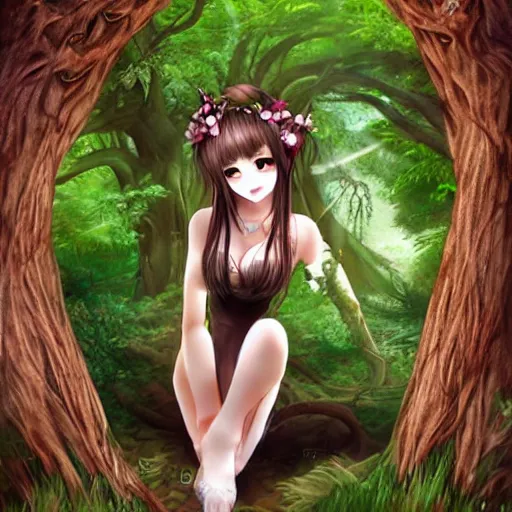 Prompt: a stunning forest dryad neko girl with feminine figure and beautiful eyes