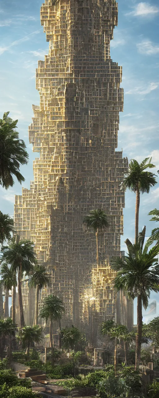 Prompt: photorealistic photo a contemporary babylon tower, golden details, stone facade, sacred geometry architecture, cascading highrise, arid mountains with lush palm forest, sunlight, post - production, octane, cgi, sfx