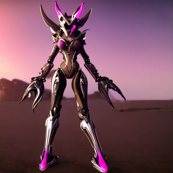 Image similar to cinematic close up full body shot of a beautiful saryn prime female warframe, that's a beautiful stunning anthropomorphic robot female dragon with metal cat ears, posing cutely, standing on the beach at sunset, robot cat paws, thick warframe legs, detailed arms, sharp claws, slick pink armor, streamlined white armor, long elegant tail attached to her back end, two arms, two legs, detailed warframe fanart, destiny fanart, macro art, dragon art, furry art, realistic digital art, warframe art, Destiny art, furaffinity, DeviantArt, artstation, 3D realistic, 8k HD, octane render