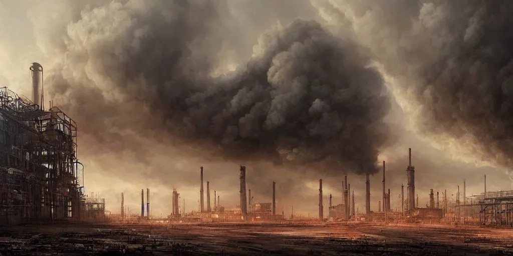 Prompt: a painting of a factory with smoke pouring out of it, a detailed matte painting by jonas de ro, cgsociety, nuclear art, dystopian art, apocalypse art, apocalypse landscape, dark, moody