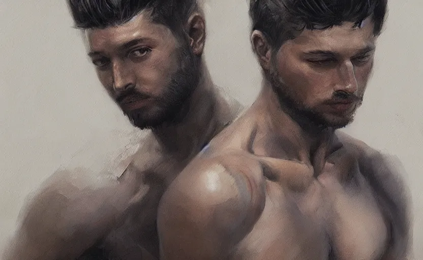 Prompt: a painting of arkul trending on artstation in the style of greg rutkowski, beautiful, male, sensual, natural skin, muscular, stubble, warrior, tattoos