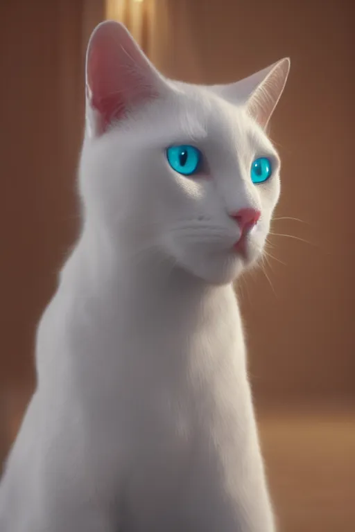 Image similar to a white cat with blue eyes wearing a red formal overcoat, hyperrealistic, concept art, octane render, unreal engine 5, realistic and defined face, profile picture, digital art, pixar and disney style, symmetrical, high quality, highly detailed, high coherence, path traced, house background, low contrast, beautiful