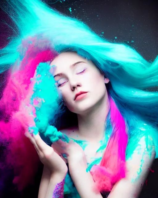 Prompt: a dramatic lighting photo of a beautiful young woman with cotton candy hair. paint splashes. with a little bit of cyan and pink