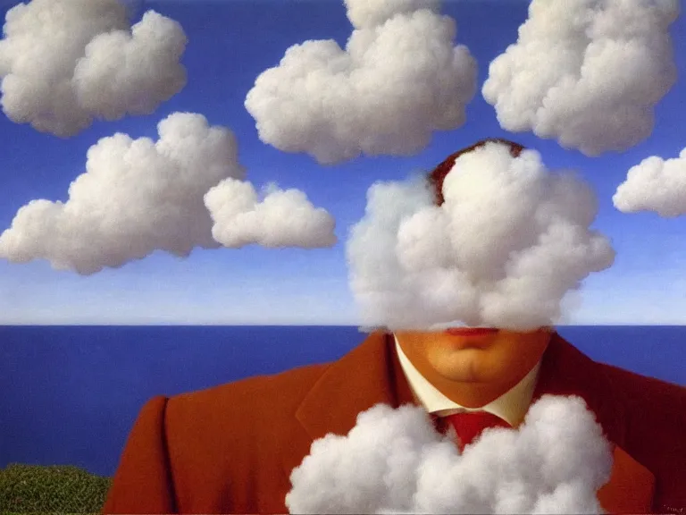 Image similar to man made out of clouds, painting by rene magritte, high detail, high resolution