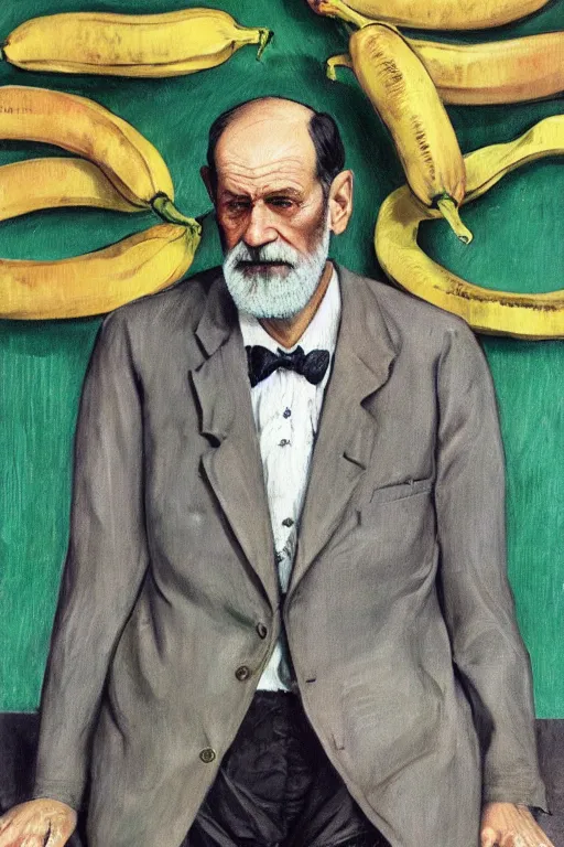 Prompt: portrait of sigmund freud wearing suit coat and tie and skirt made of bananas, doing the hula hoop, by frank mccarthy, by lucian freud