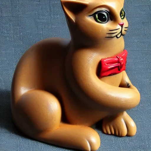 Image similar to demure anthropomorphic cat figurine wearing a kimono, brown resin, highly detailed, intricate, monotone