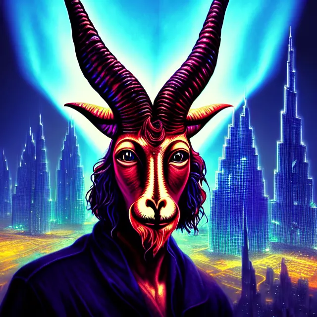 Prompt: Beautiful portrait 3d render of the illuminati Baphomet, face portrait, atmospheric lighting, painted, intricate, volumetric lighting, beautiful, rich deep colors masterpiece, sharp focus, ultra detailed, in the style of Dan Mumford and marc simonetti, with a clear crowded futuristic cyberpunk dubai city in the background, astrophotography