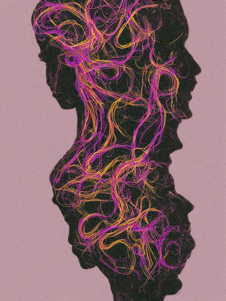 Image similar to a person with thought tendrils emanating from their head, digital art, chromatic