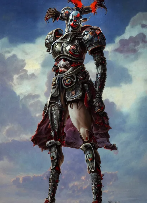 Prompt: portrait of a diabolical cyborg clown samurai girl, hair tail, torn cape, adaptive armor, dynamic pose, heavy eyes to the side, ancient ruins, glowing veins subsurface scattering, in clouds, sunset, portrait, by gerald brom, by mikhail vrubel, by peter elson, muted colors, extreme detail, reflections, trending on artstation, 8 k