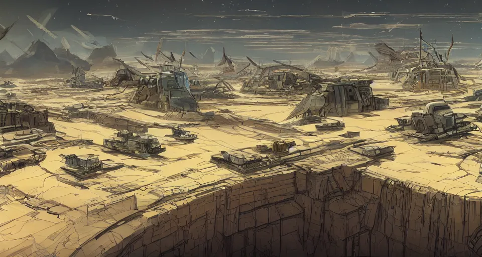 Prompt: detailed concept art of advance civilization research building and infrastructure with hundreds of humans working around on sand planet like dune, landscape, digital, landscape, sci - fi, cinematic lighting