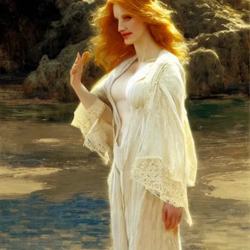 Image similar to detailed cinematic shot of jessica chastain with white clothes in the mediterranean beach, spring light, painting by gaston bussiere, craig mullins, j. c. leyendecker