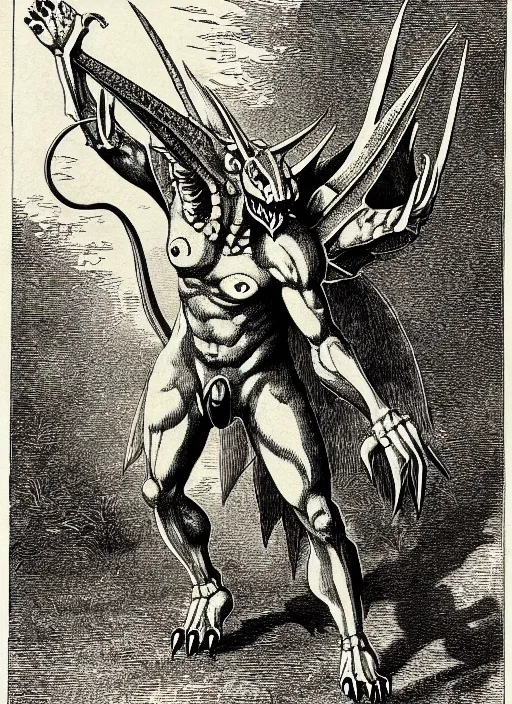 Image similar to illustration of greymon as a demon from the dictionarre infernal, etching by louis le breton, 1 8 6 9, 1 2 0 0 dpi scan, ultrasharp detail, clean scan