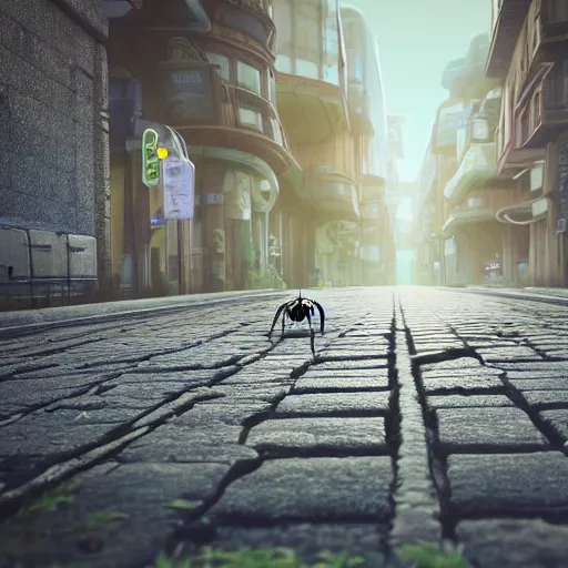 Image similar to a beautiful high - quality photo of a large spider walking through a solarpunk city, roads, pavements, trees, volumetric lighting, hyperrealistic, 8 k