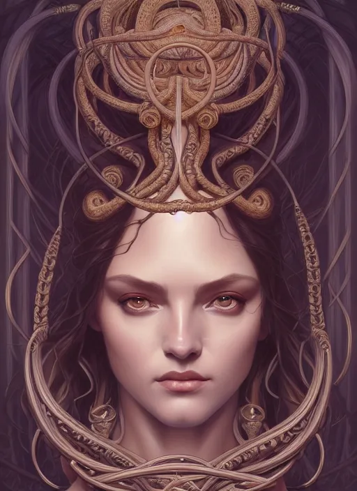 Image similar to symmetry!! portrait of medusa, greek mythology, intricate, elegant, highly detailed, digital art, digital painting, artstation, concept art, smooth, sharp focus, illustration, art by artgerm and greg rutkowski and alphonse mucha, 8 k