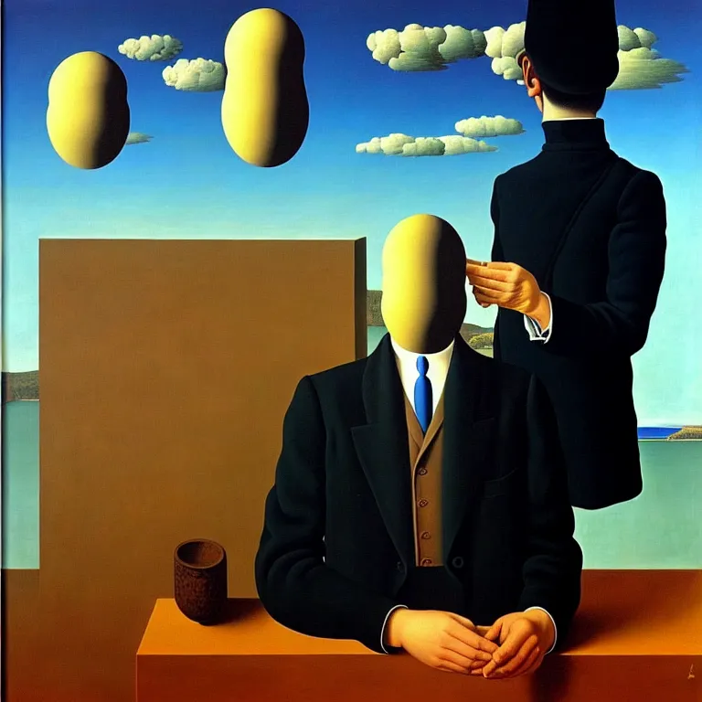 Image similar to a man looks into his own painting and sees nothing, by rene magritte and salvador dali, surreal, oil on canvas, hyper detailed