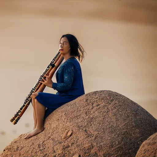 Image similar to a female playing flute whilst sitting on a rock in the desert. cinematic 8 k, depth of field, bokeh.