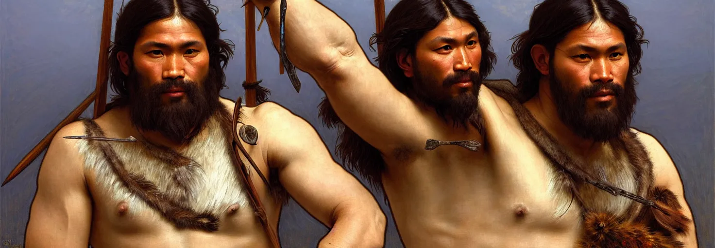 Image similar to renaissance upper body portrait of a gruff ranger with a spear, Inuit Eskimo First Nation, lean and toned, handsome face, hairy chest, D&D, intricate, elegant, highly detailed, digital painting, artstation, concept art, matte, sharp focus, illustration, art by da Vinci, Artgerm and Greg Rutkowski and Alphonse Mucha