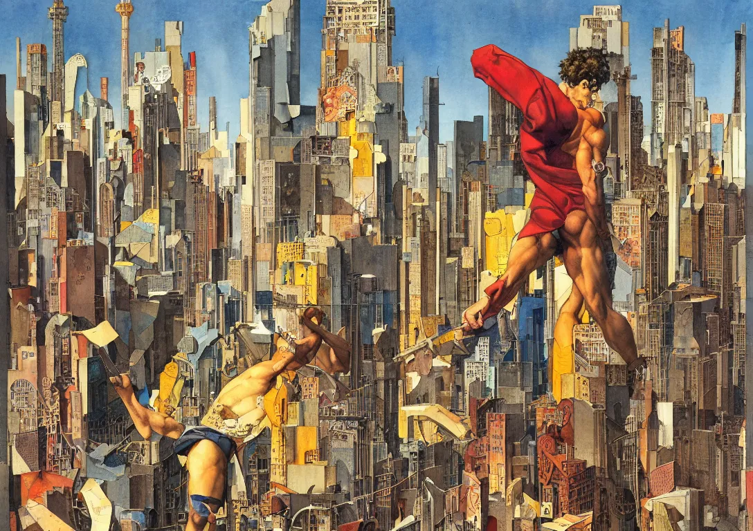 Prompt: watercolor of a punk latino greek god searching through the streets of a glass and steel metropolis, sparse detail, saturated color scheme, by thomas blackshear, victor brauner and moebius