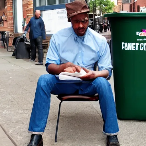 Prompt: he was sitting in a trash can with high street class