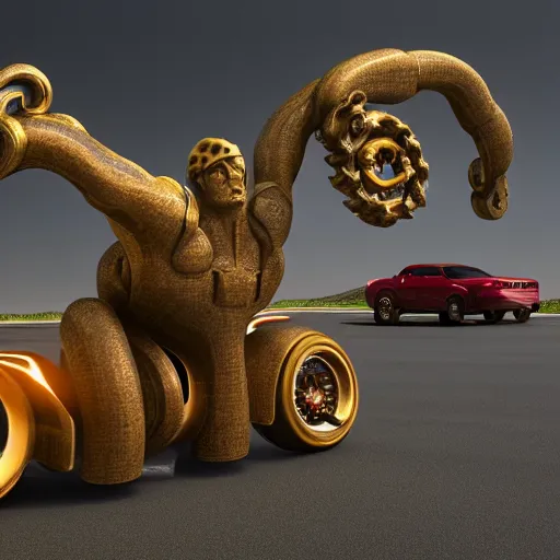 Image similar to mechanical greek hydra with cars as heads, cinematic, diffuse light, rendered in povray