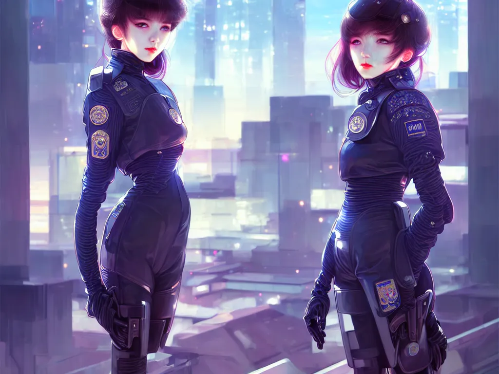 Image similar to portrait futuristic police uniform girl, at future neon light tokyo rooftop, ssci - fi and fantasy, intricate and very very beautiful and elegant, highly detailed, digital painting, artstation, concept art, smooth and sharp focus, illustration, art by tan zi and ayanamikodon and alphonse mucha and wlop