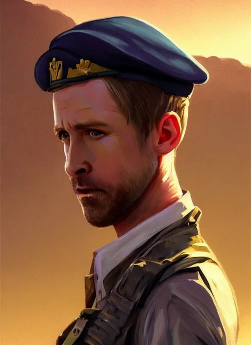 Image similar to purple scene lighting, detailed character portrait!!! concept art, ryan gosling as a soldier with beard, short hair, in a soldier uniform, desert with city in the background, sharp focus, illustration, highly detailed, digital painting, concept art, matte, art by wlop and artgerm and greg rutkowski, masterpiece