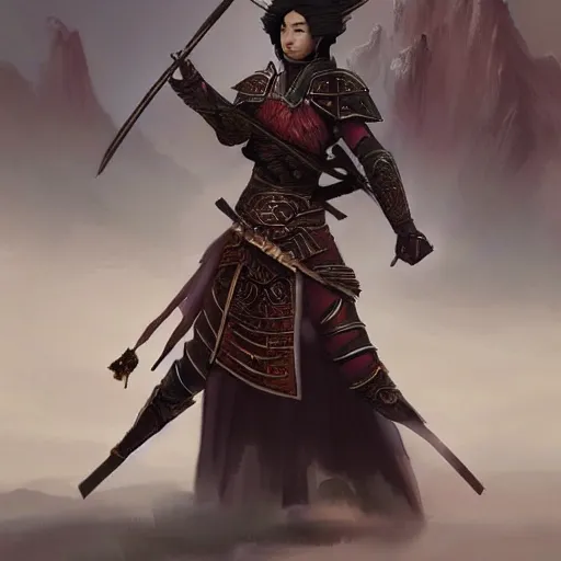 Prompt: Beautiful full body matte painting of a beautiful warrior woman wearing Ming Dynasty armor fighting a Ninja, concept art, artstation