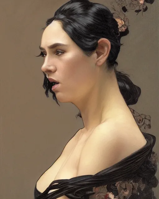 Image similar to portrait of a tall 4 0 - year - old woman with thin lips, long, lush black hair gathered on the head bun, and thick eyebrows, haughty facial expression, wearing in black clothes, aristocratic appearance, hyper realistic face, beautiful eyes, close up, fantasy art, in the style of greg rutkowski, intricate, alphonse mucha, hyper detailed, smooth