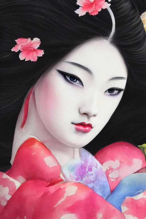 Image similar to beauty geisha, digital art, 8k, character, realistic, portrait, photorealism, japan watercolour, masterpiece art