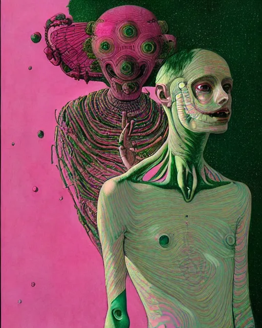 Prompt: the annunaki wearing breathing apparatus making humans, in a pink and green colour palette, surrealism, in the style of adrian ghenie, esao andrews, jenny saville, edward hopper, dark art by takato yamamoto